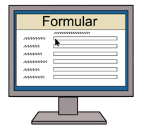 Ein PC-Bildschirm. Darauf steht das Wort „Formular“. Darunter sind viele Linien zum ausfüllen.