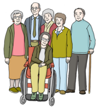 Viele alte Menschen. Sie haben graue oder weiße Haare. Eine Person sitzt im Rollstuhl. Eine andere Person braucht eine Gehhilfe.